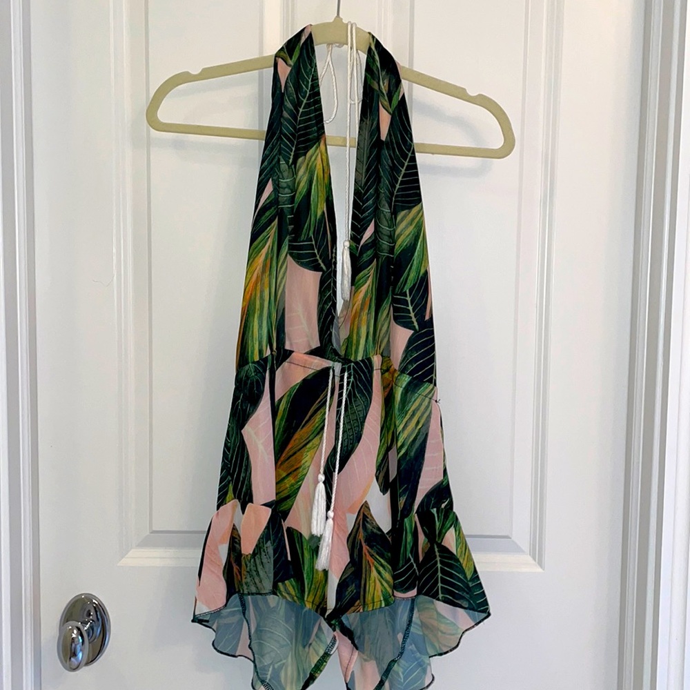 Open back palm leaf romper